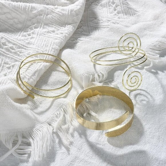 Gold Metal Arm Cuff Set for Women Adjustable Swirl Coil Jewelry - Picture 5 of 6